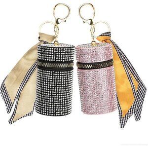 2 Pack Lipstick Case Keychain Leather Diamond Lip Gloss Holder Black & Pink